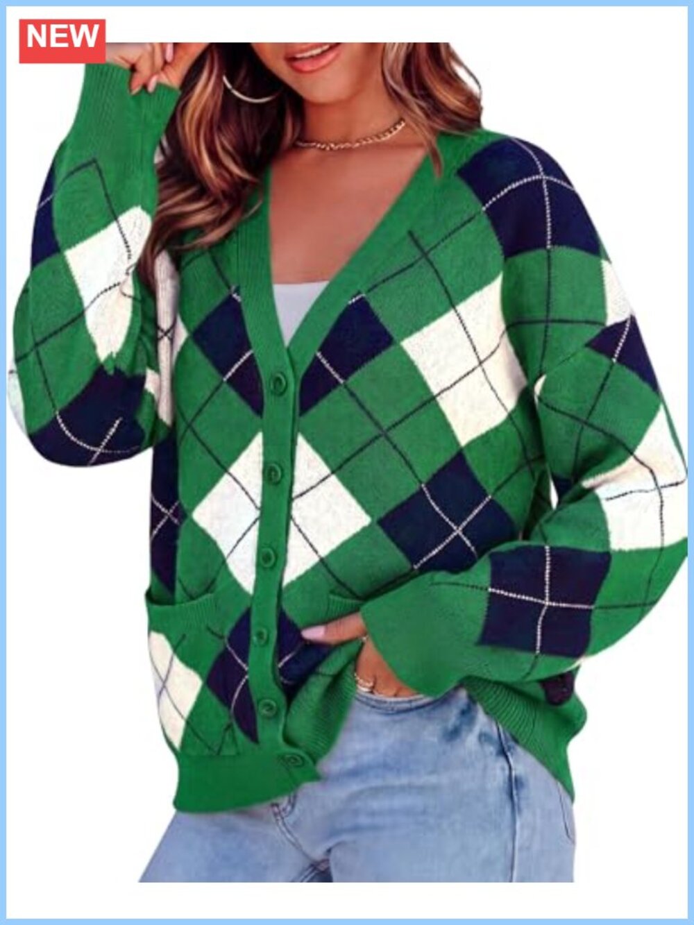 Argyle V-Neck Button Cardigan Chunky Knit Loose Fit with Pockets